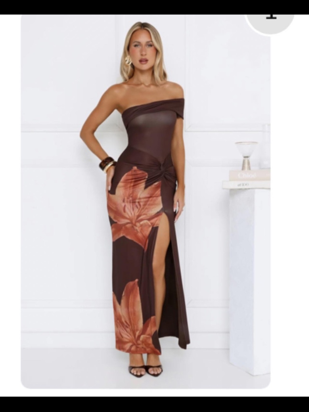 Strapless Brown Floral Maxi Dress with High Side Slit
